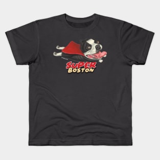 cute Super Hero  flying Boston Terrier Kids T-Shirt